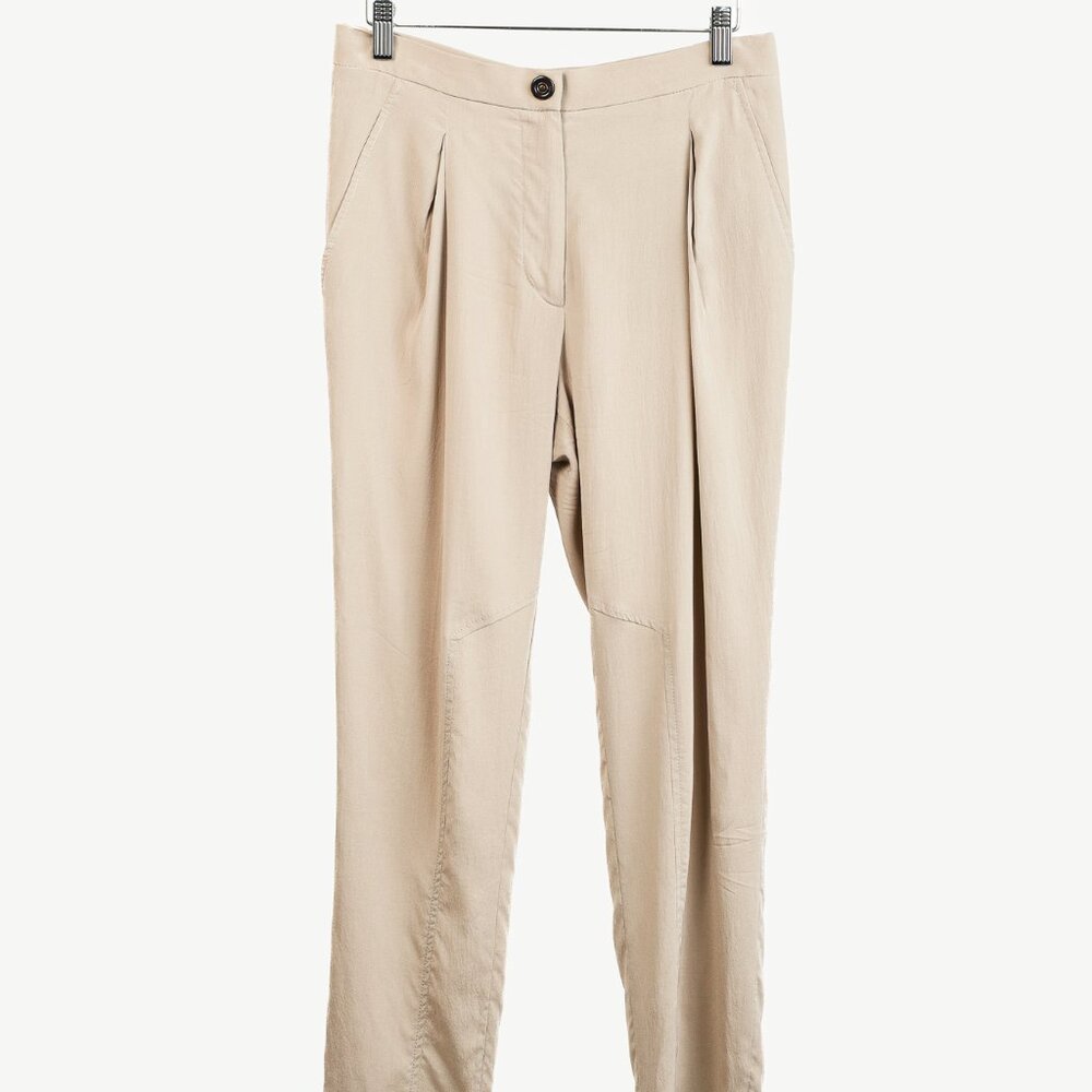 Brunello Cucinelli Taupe Silk Pleated Trousers